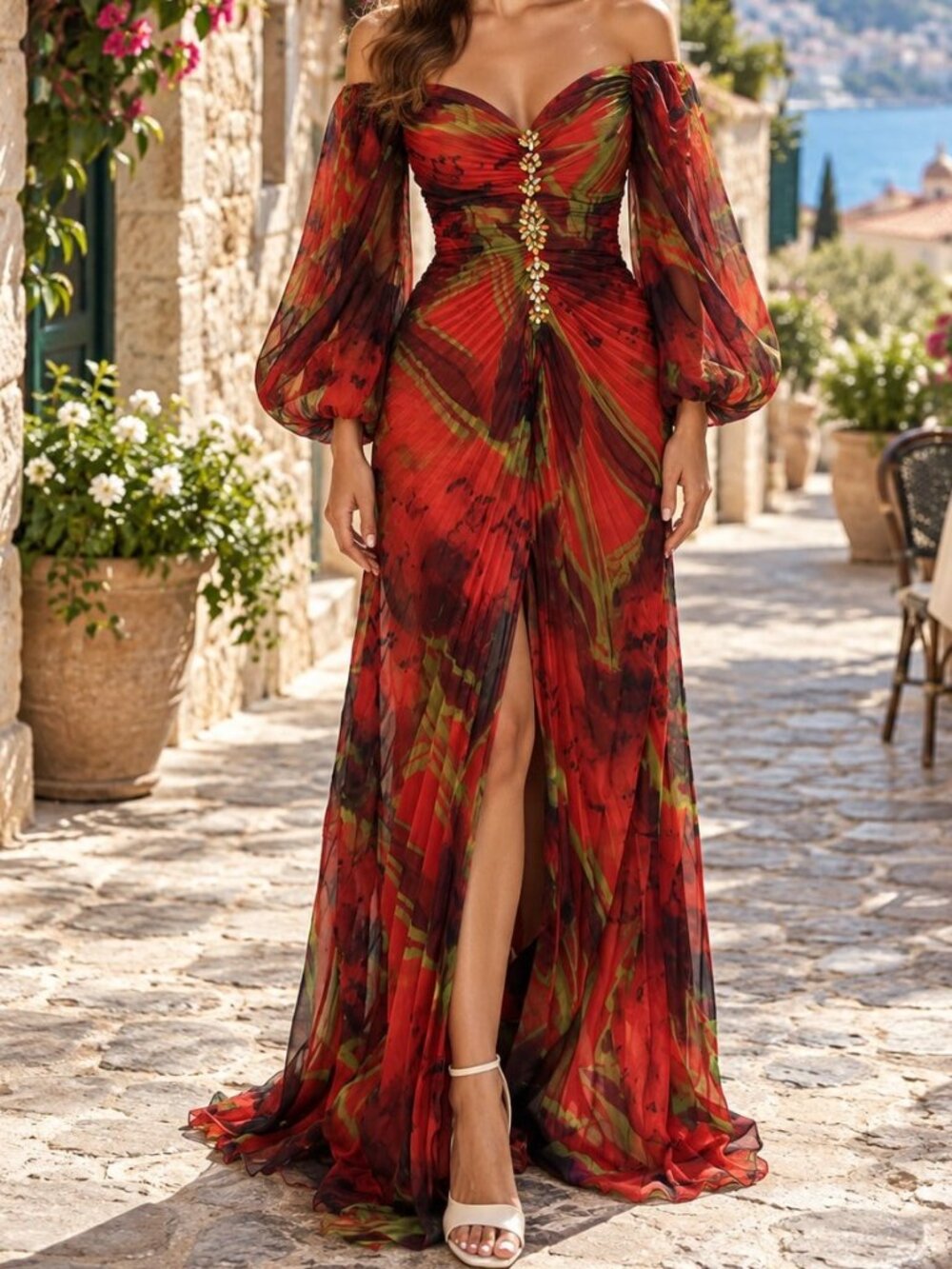 Red Boho Women's Knitted Fabric Cold Shoulder Split Maxi Dress